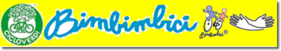 banner colorato in cui sono visibili le scritte "cicloverdi" "bimbimbici" e i disegni di due bambini in bicicletta e due mani conserte