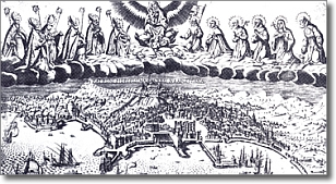 An ancient Naples' view with the Virgin Mary on the top and the patron Saint