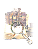 grafic composition with magnifying glass and old books