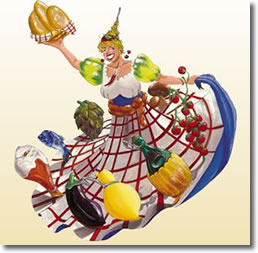 disegno di una ragazza con un'ampia veste, circondata da prodotti enogastronomici