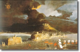 ancient print portraying a castle surrounded by the sea with an erupting volcano on the background