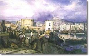 painting representing ancient fishermen stopping on the wharf with nets and boats