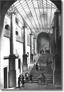 ancient print portraying the covered walkway in San Giacomo Palace