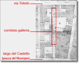 old print showing the plan of the Ministries of State building with the highlighted corridor-arcade