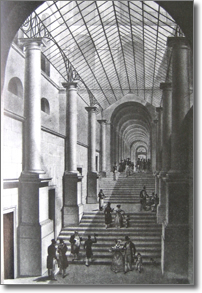 old print showing the covered walkway inside the building of the Ministries of State