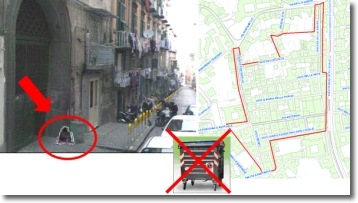 foto di un portone di palazzo e planimetria dell'area interessata