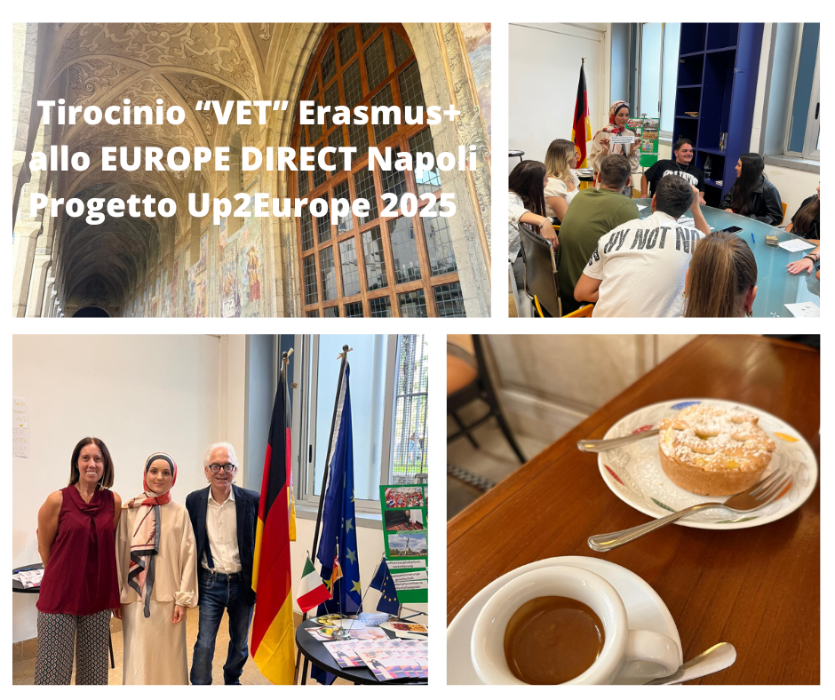 Immagine della tirocinante e due operatori del centro Europe Direct Napoli e altre foto di Napoli e del tavolo di lingua tedesca